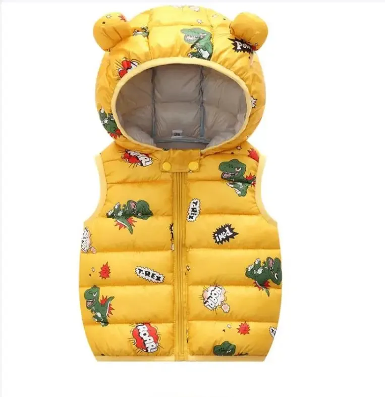 2023 Autumn Winter Baby Vest Hooded Cartoon Dinosaur Toddler Boy Girl Waistcost Kid Sleeveless Jacket Children Vest 0-5Y