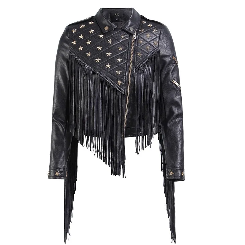 2023 New Women Luxury Biker Leather Jacket Tassels star Rivet hip Leather Jackets