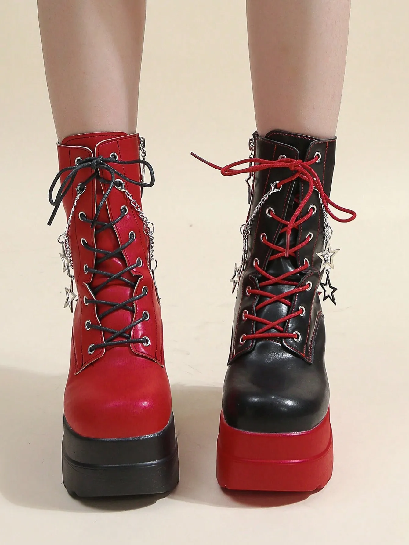 2024 Autumn and Spring New Punk Style Starry Sky Ankle Boots - Red and Black