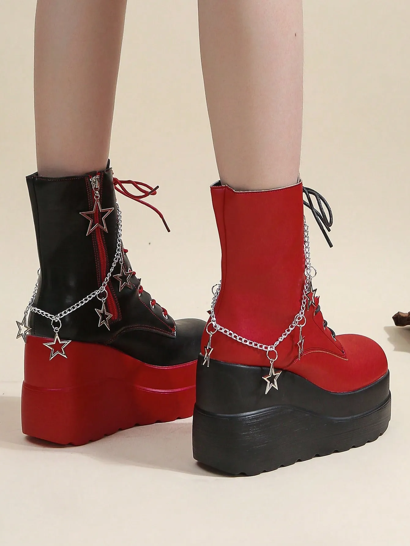 2024 Autumn and Spring New Punk Style Starry Sky Ankle Boots - Red and Black