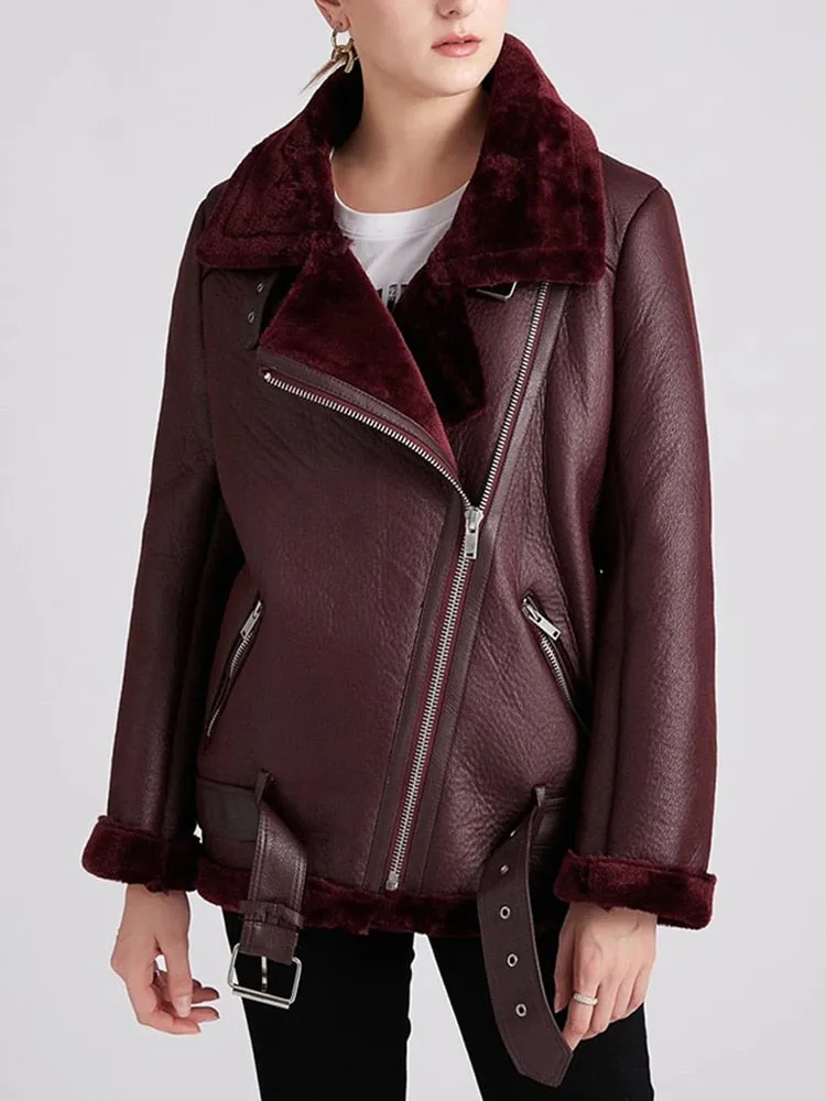 2024 Womens Coats Women Thick Faux Leather Fur Sheepskin Motorcycle Coat