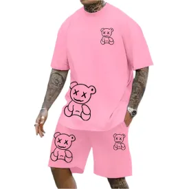 2025 Men's Fun Bear T-Shirt & Shorts Set – Casual Summer Loose-Fit Couple Outfit, Outdoor Streetwear 2-Piece Suit