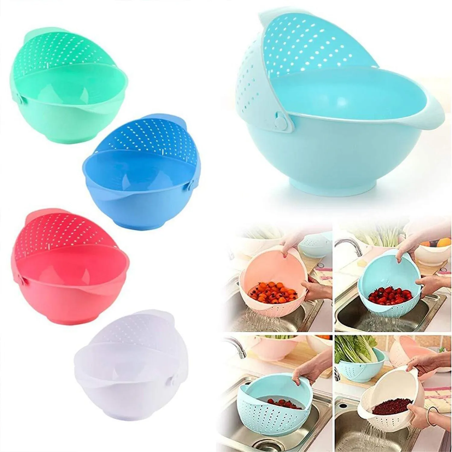 2145  Plastic Revolving Multi Functional Rice, Vegetable Fruit Wash Basket Bowl (Multi Colour)