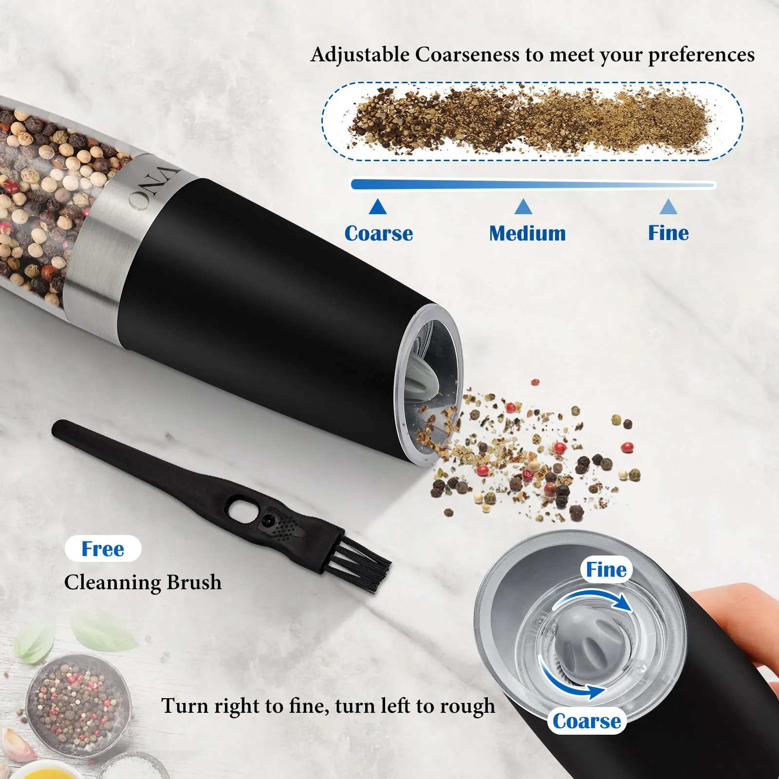 2Pcs Gravity Electric Salt and Pepper Grinder Set, Battery Powered LED Light One Hand Automatic Operation, Adjustable Coarseness Mill Grinders Shakers Black, Kitchen Gadgets Gift Ideas