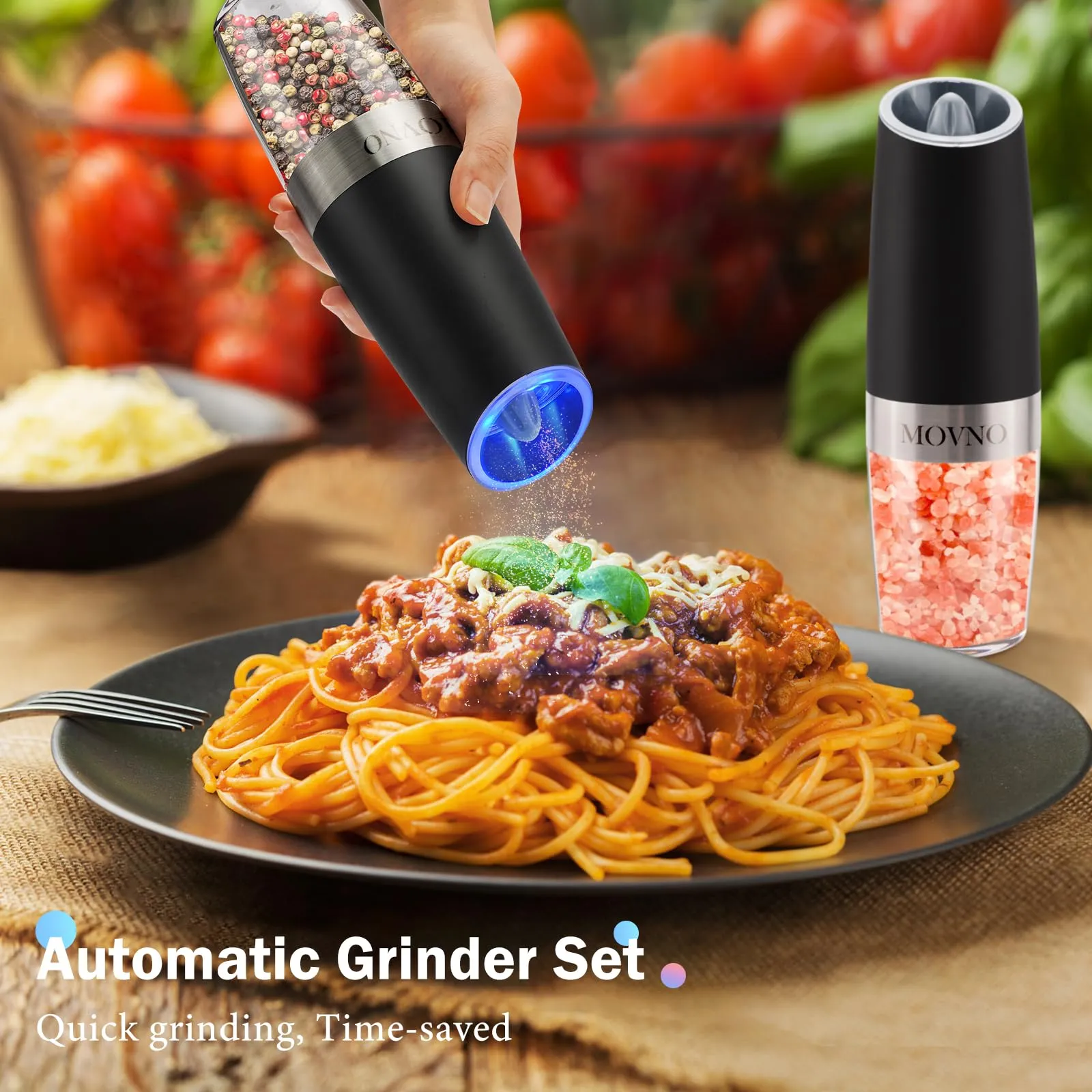 2Pcs Gravity Electric Salt and Pepper Grinder Set, Battery Powered LED Light One Hand Automatic Operation, Adjustable Coarseness Mill Grinders Shakers Black, Kitchen Gadgets Gift Ideas