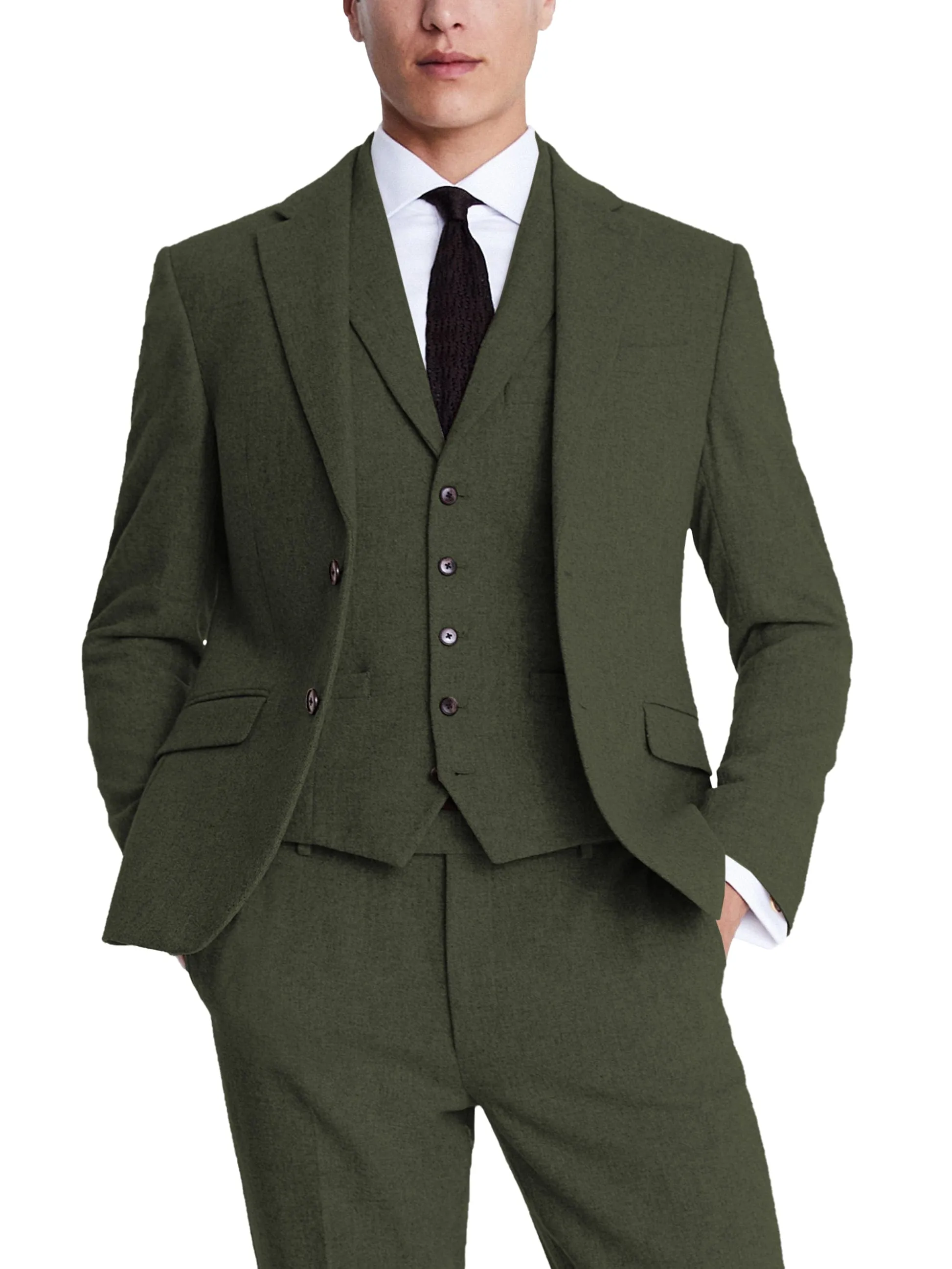 3 Piece Business Casual Double Button Notch Lapel Tweed Men Suit (Blazer Vest Pants)