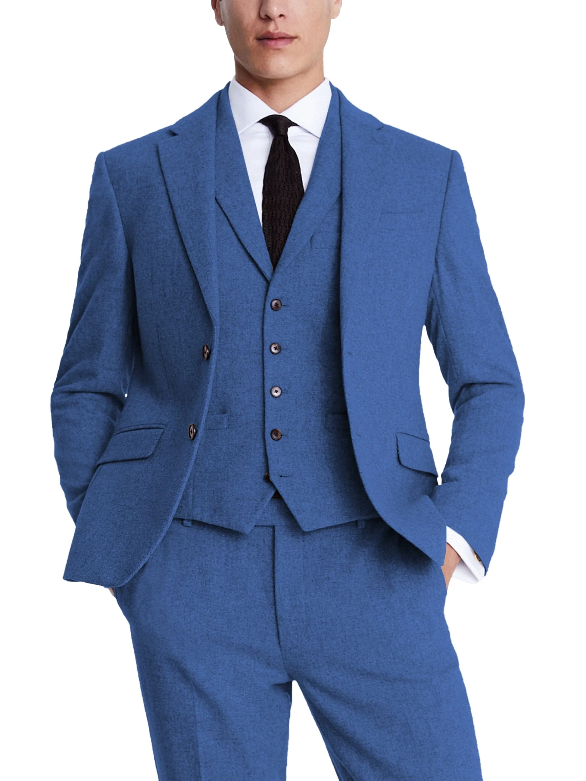 3 Piece Business Casual Double Button Notch Lapel Tweed Men Suit (Blazer Vest Pants)