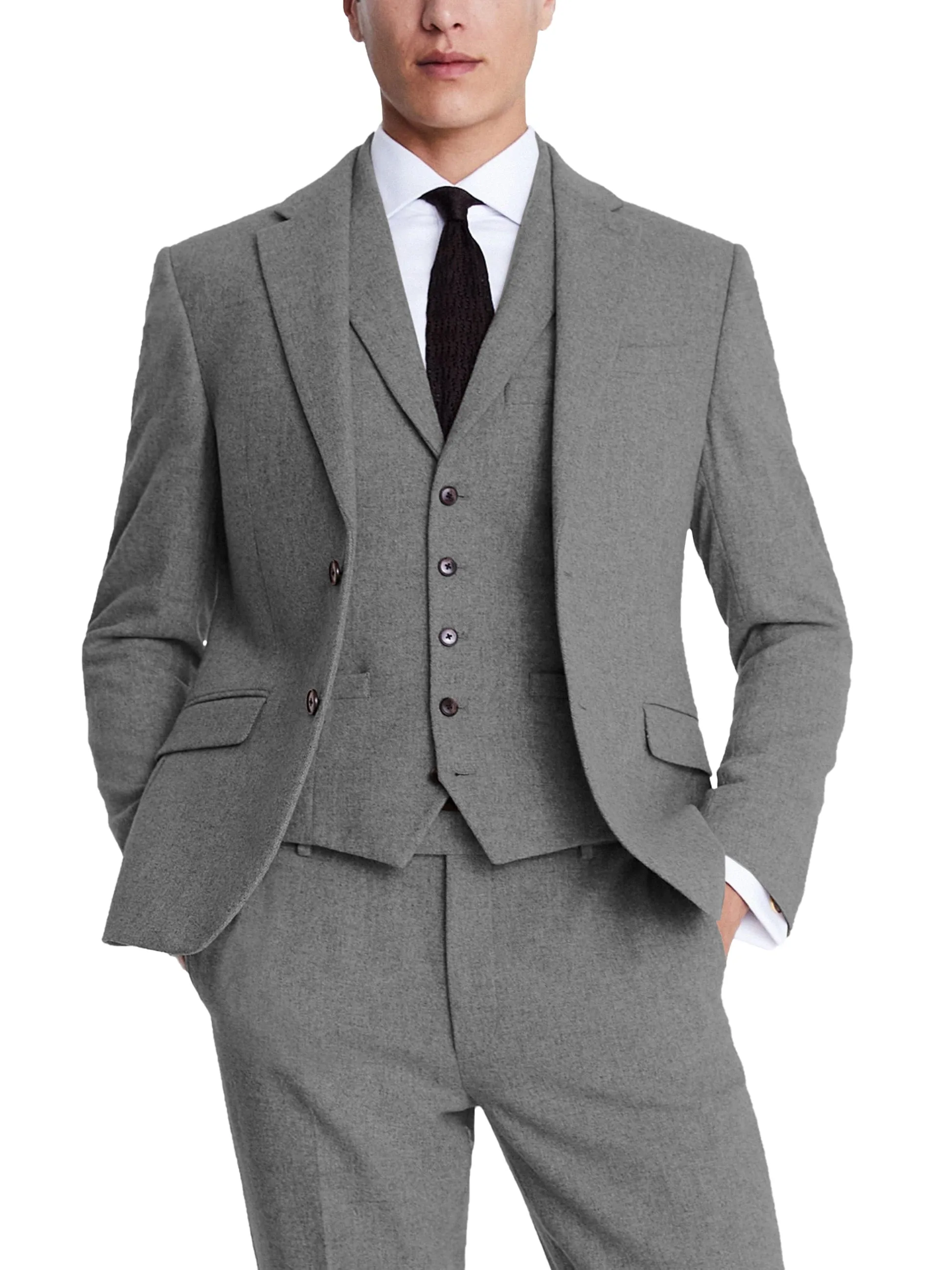 3 Piece Business Casual Double Button Notch Lapel Tweed Men Suit (Blazer Vest Pants)