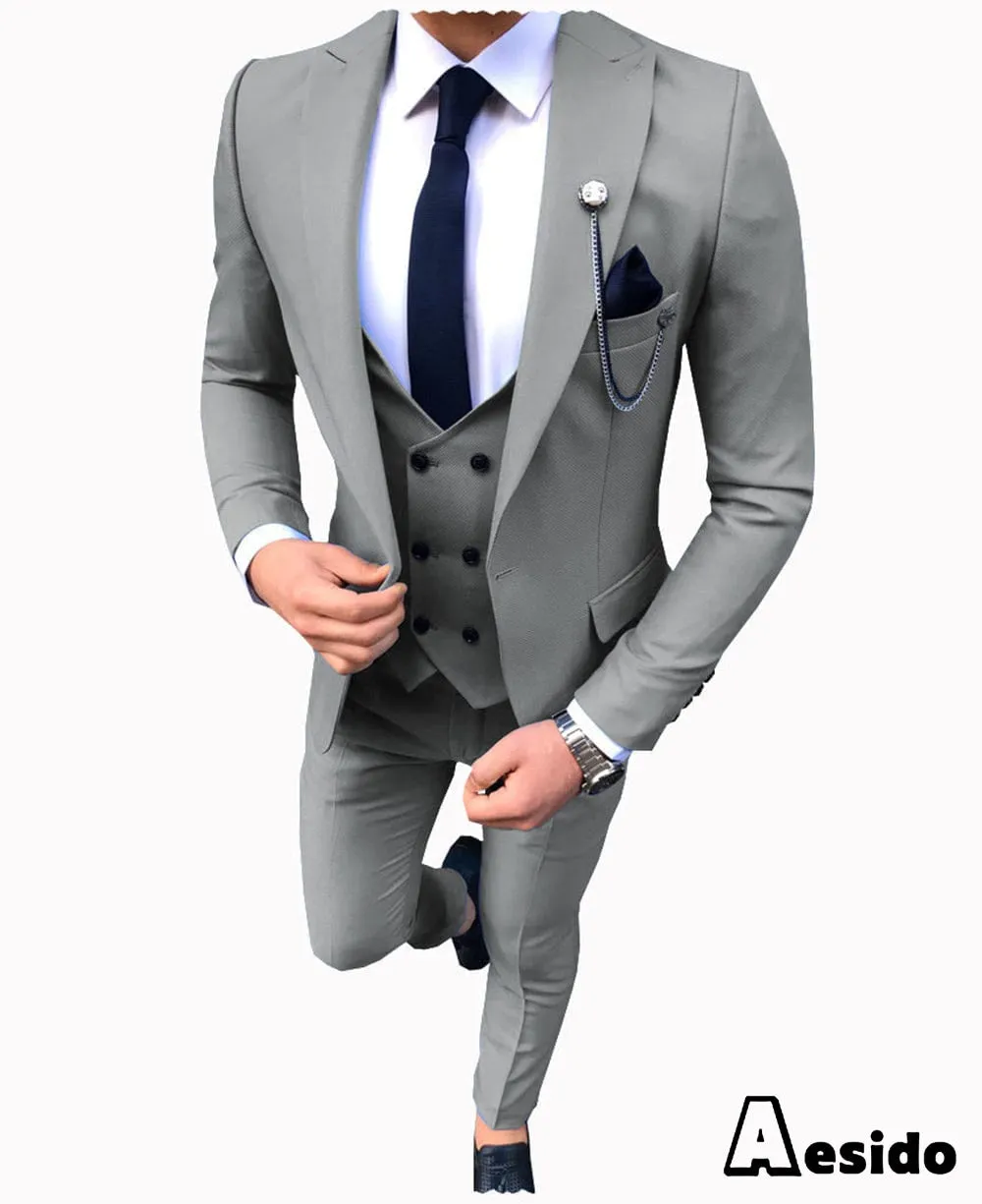 3 Pieces Business Mens Suit Slim Fit Notch Lapel Flat Blazer For Wedding (Blazer vest Pants)