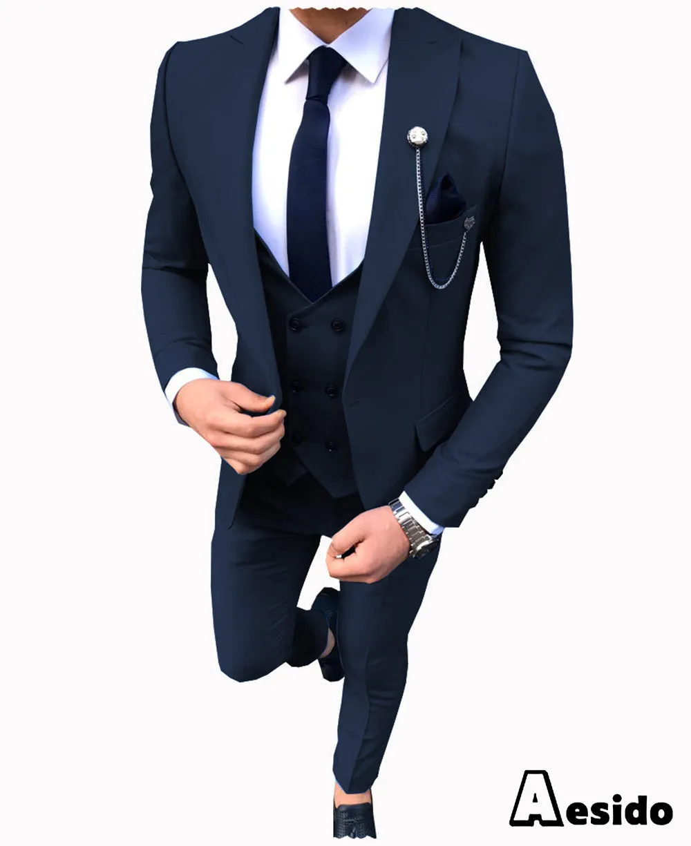 3 Pieces Business Mens Suit Slim Fit Notch Lapel Flat Blazer For Wedding (Blazer vest Pants)