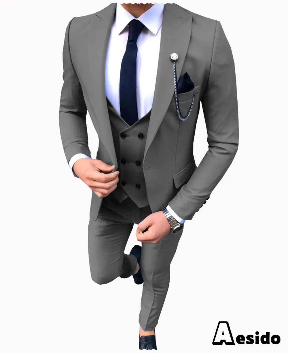 3 Pieces Business Mens Suit Slim Fit Notch Lapel Flat Blazer For Wedding (Blazer vest Pants)