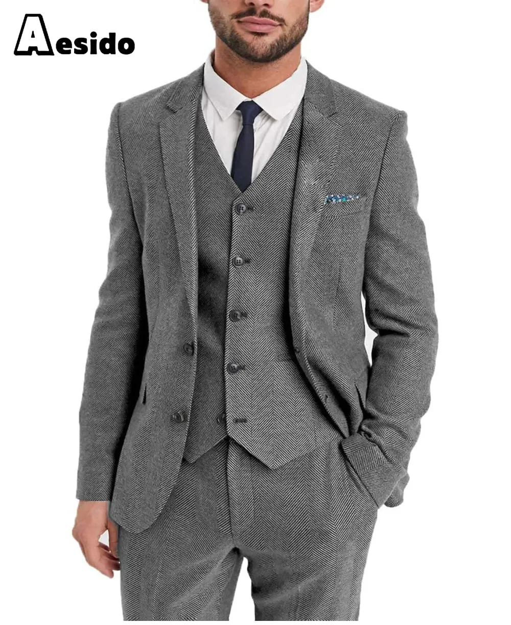 3 Pieces Mens Suit Herringbone Notch Lapel Blazer For Wedding (Blazer vest Pants)