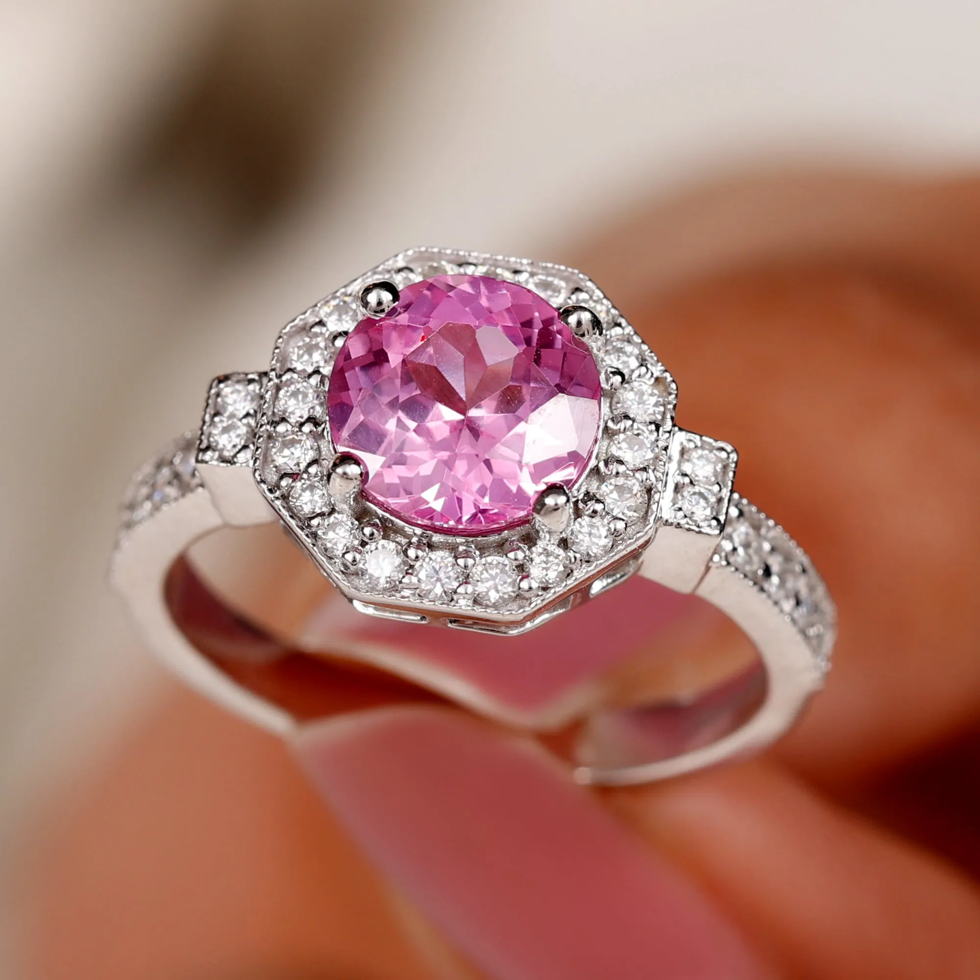 3.25 CT Created Pink Sapphire Vintage Inspired Engagement Ring with Diamond