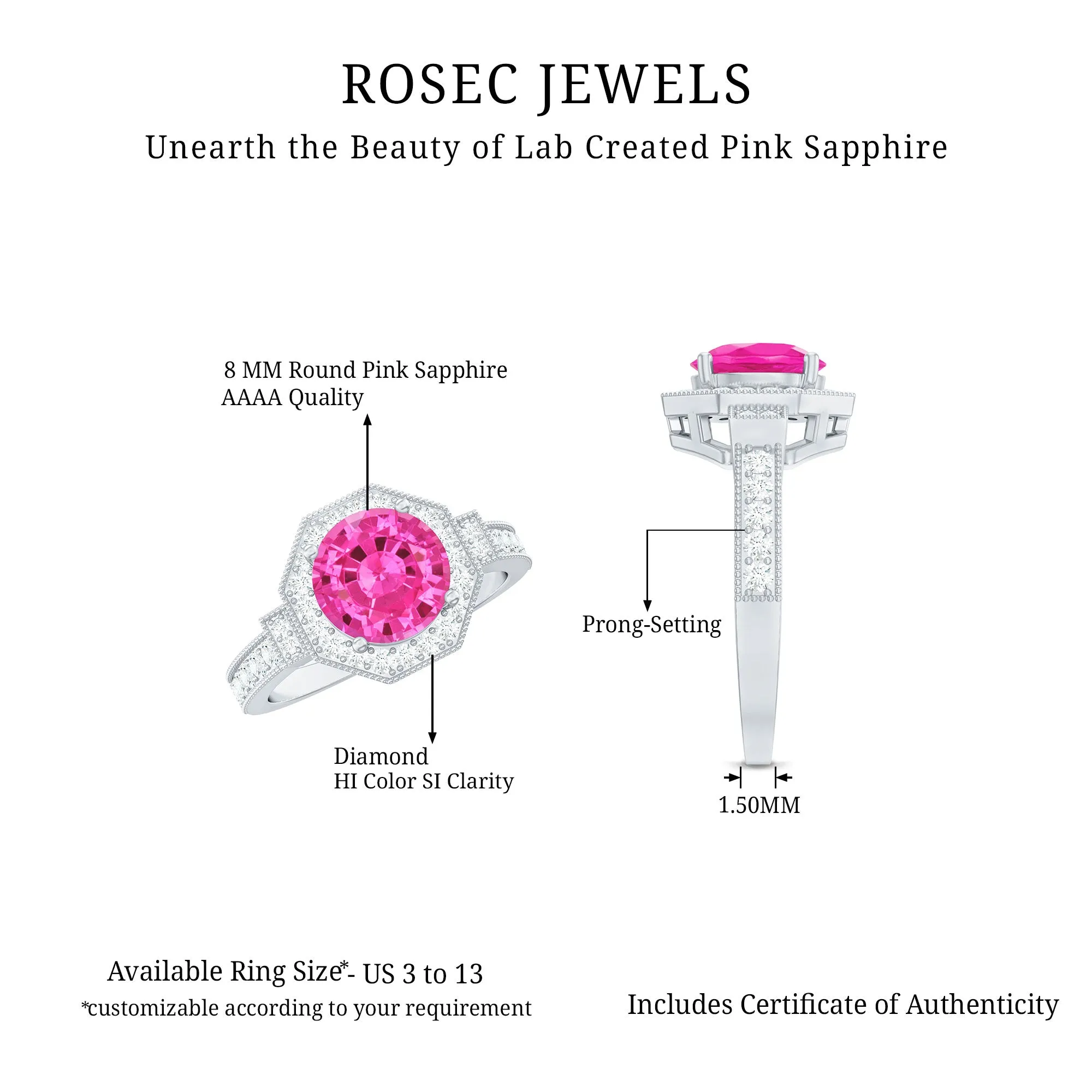 3.25 CT Created Pink Sapphire Vintage Inspired Engagement Ring with Diamond