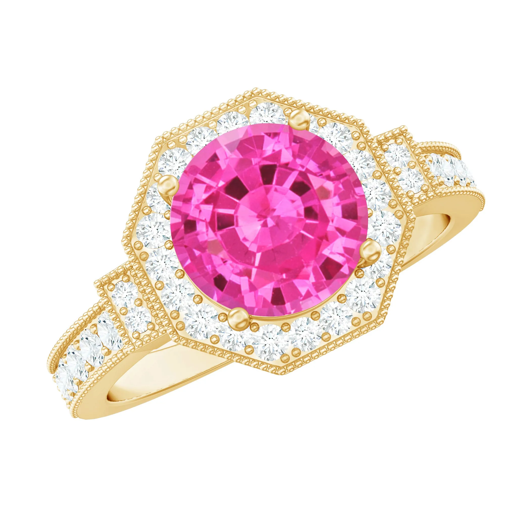 3.25 CT Created Pink Sapphire Vintage Inspired Engagement Ring with Diamond