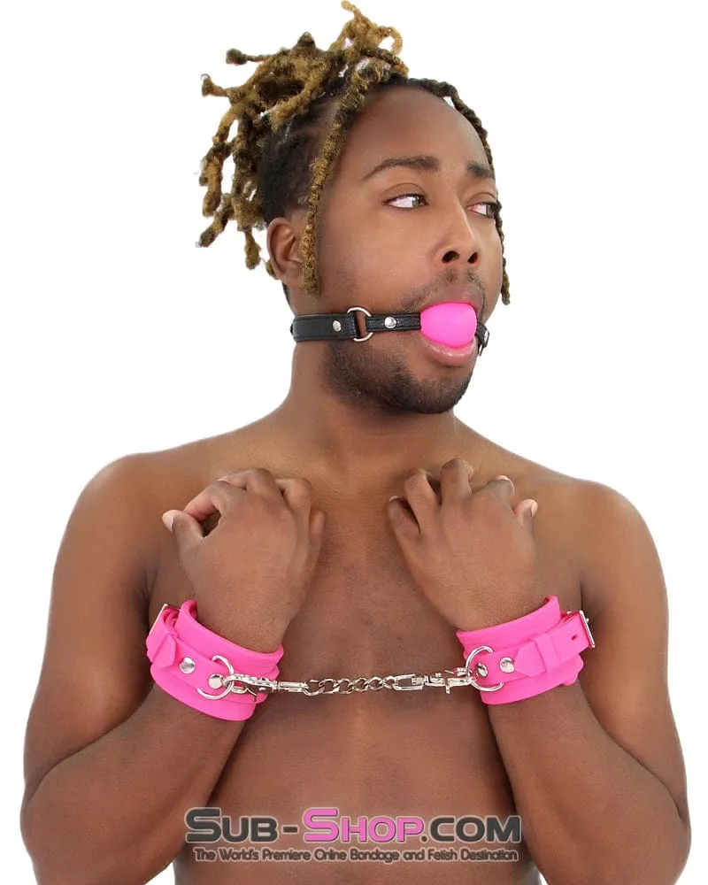 3779M-SIS      Locked Up Sissy Hot Pink Heavy Silicone Wrist Bondage Cuffs