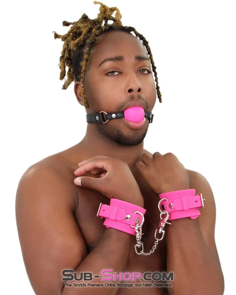 3779M-SIS      Locked Up Sissy Hot Pink Heavy Silicone Wrist Bondage Cuffs