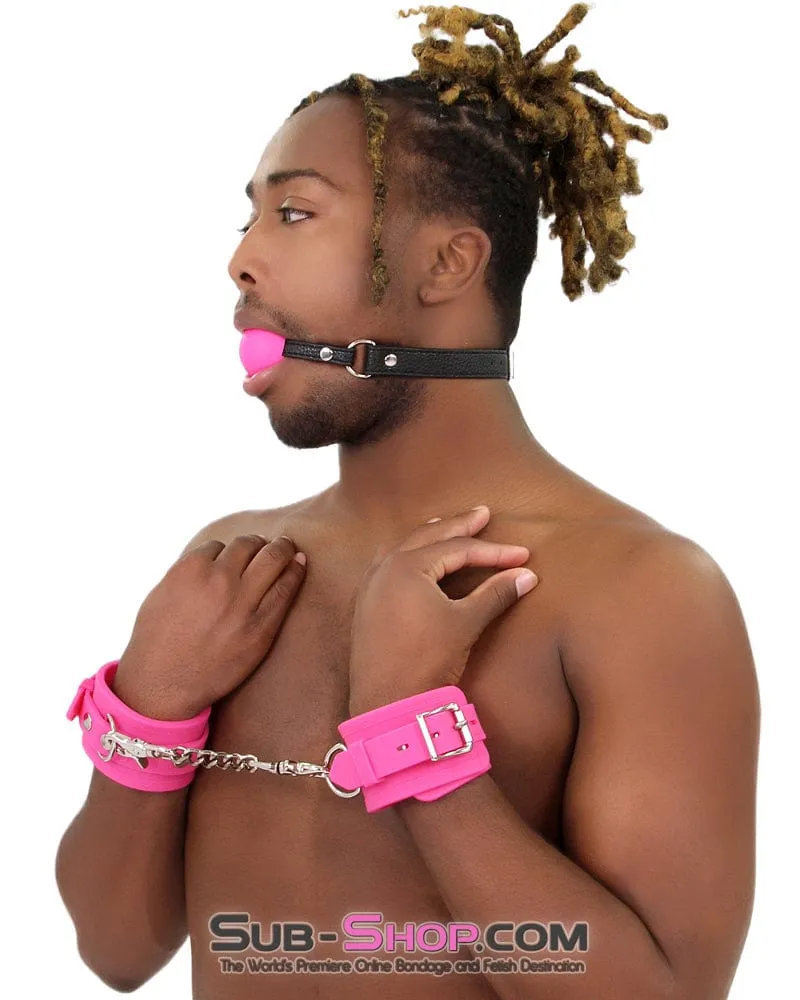 3779M-SIS      Locked Up Sissy Hot Pink Heavy Silicone Wrist Bondage Cuffs