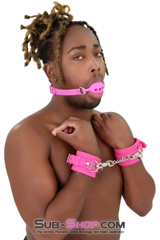 3779M-SIS      Locked Up Sissy Hot Pink Heavy Silicone Wrist Bondage Cuffs