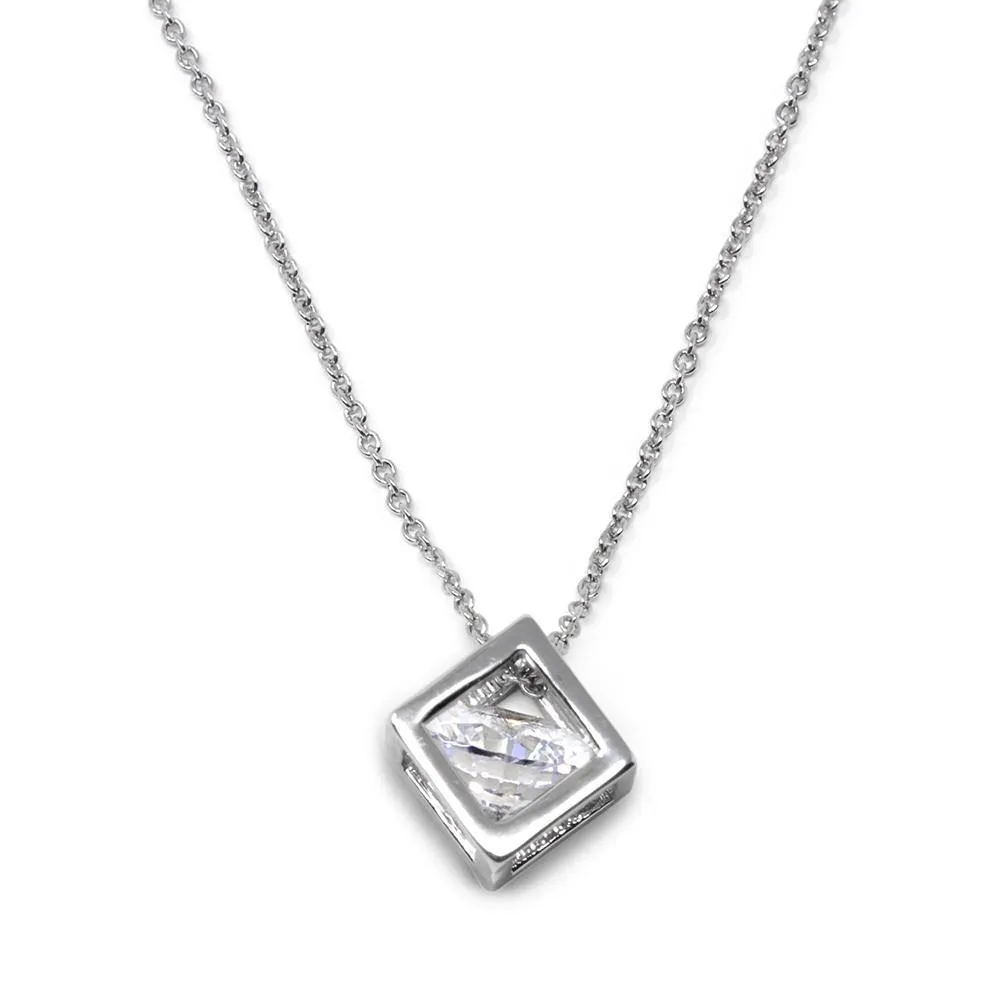 3D Square Pendant Necklace Rhodium Plated