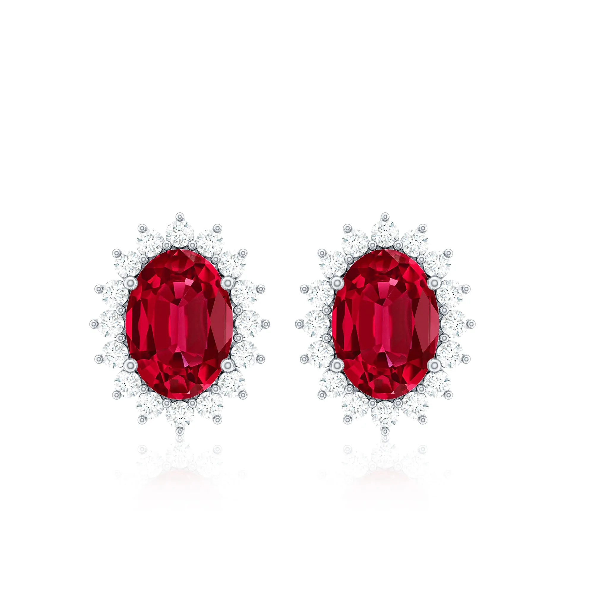 4 CT Oval Cut Created Ruby Classic Earrings with Diamond Halo