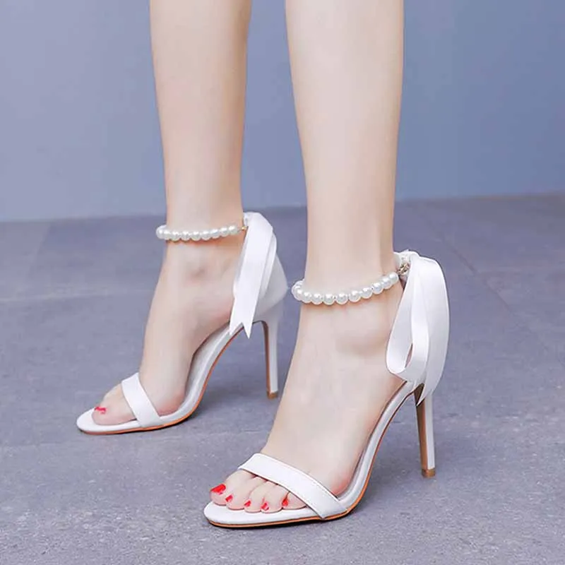 4.13" Pearls Bride Sandals Lace-Up Ankle Strap Heels Bridal Wedding Shoes