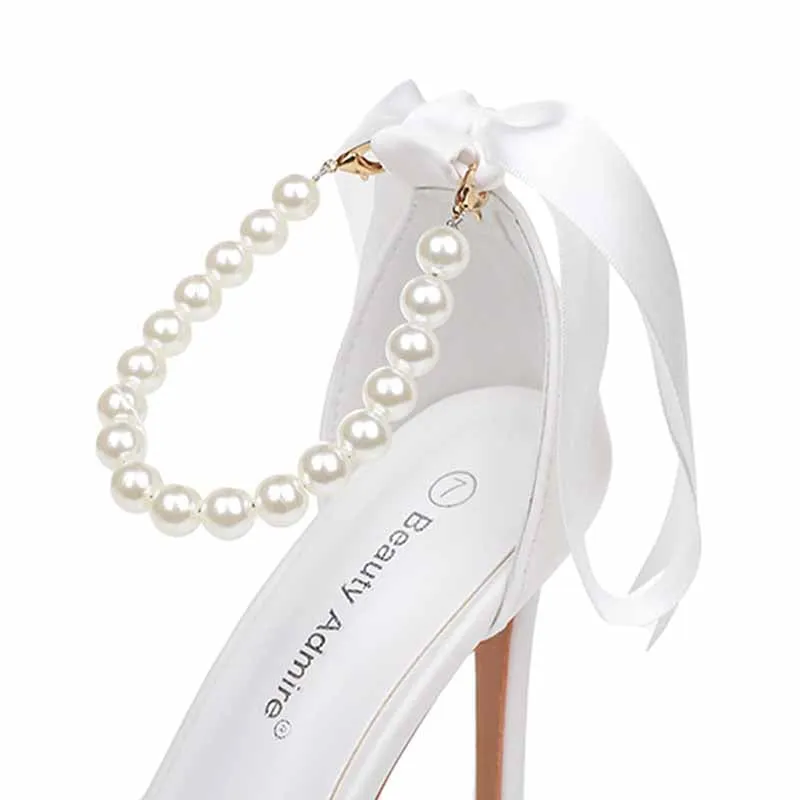 4.13" Pearls Bride Sandals Lace-Up Ankle Strap Heels Bridal Wedding Shoes