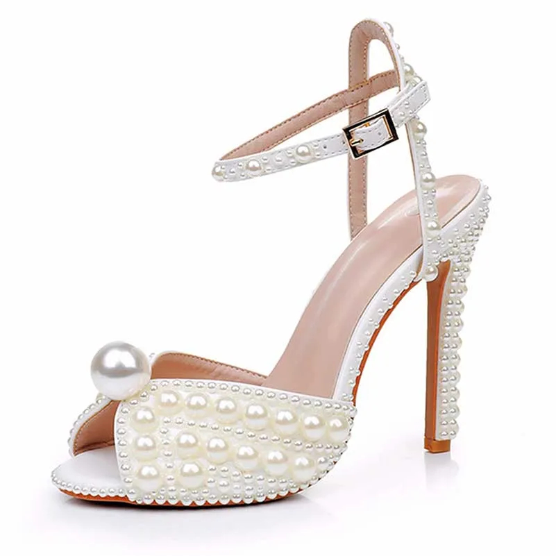 4.41" Pearl Wedding Sandals Vintage Peep Toe Stiletto Heeled Shoes