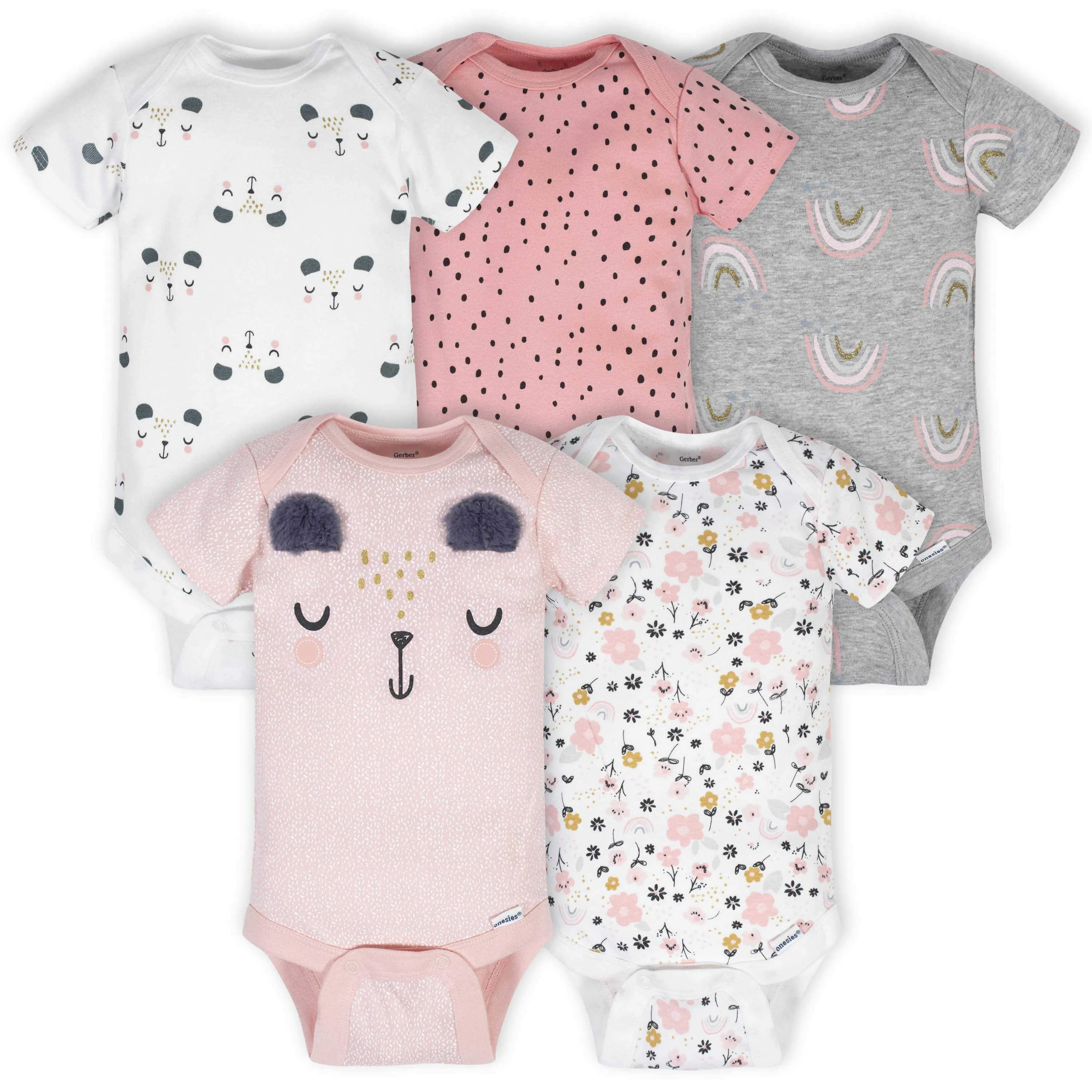 5-Pack Baby Girls Bear Short Sleeve Onesies® Bodysuits