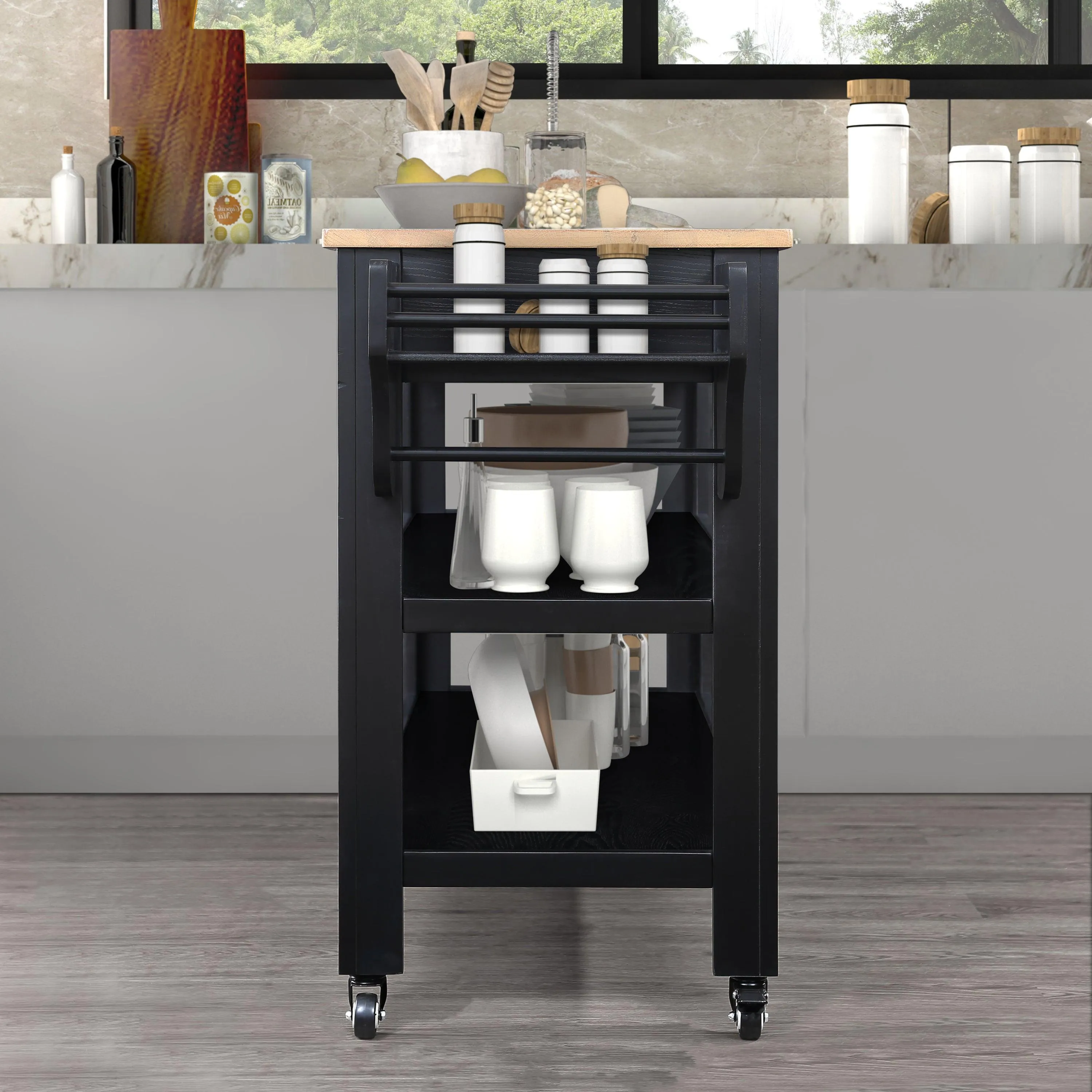 57" Rolling Kitchen Island with Oak Top, 2 Drawers, Wine & Spice Rack, Two-Sided, Black   Natural