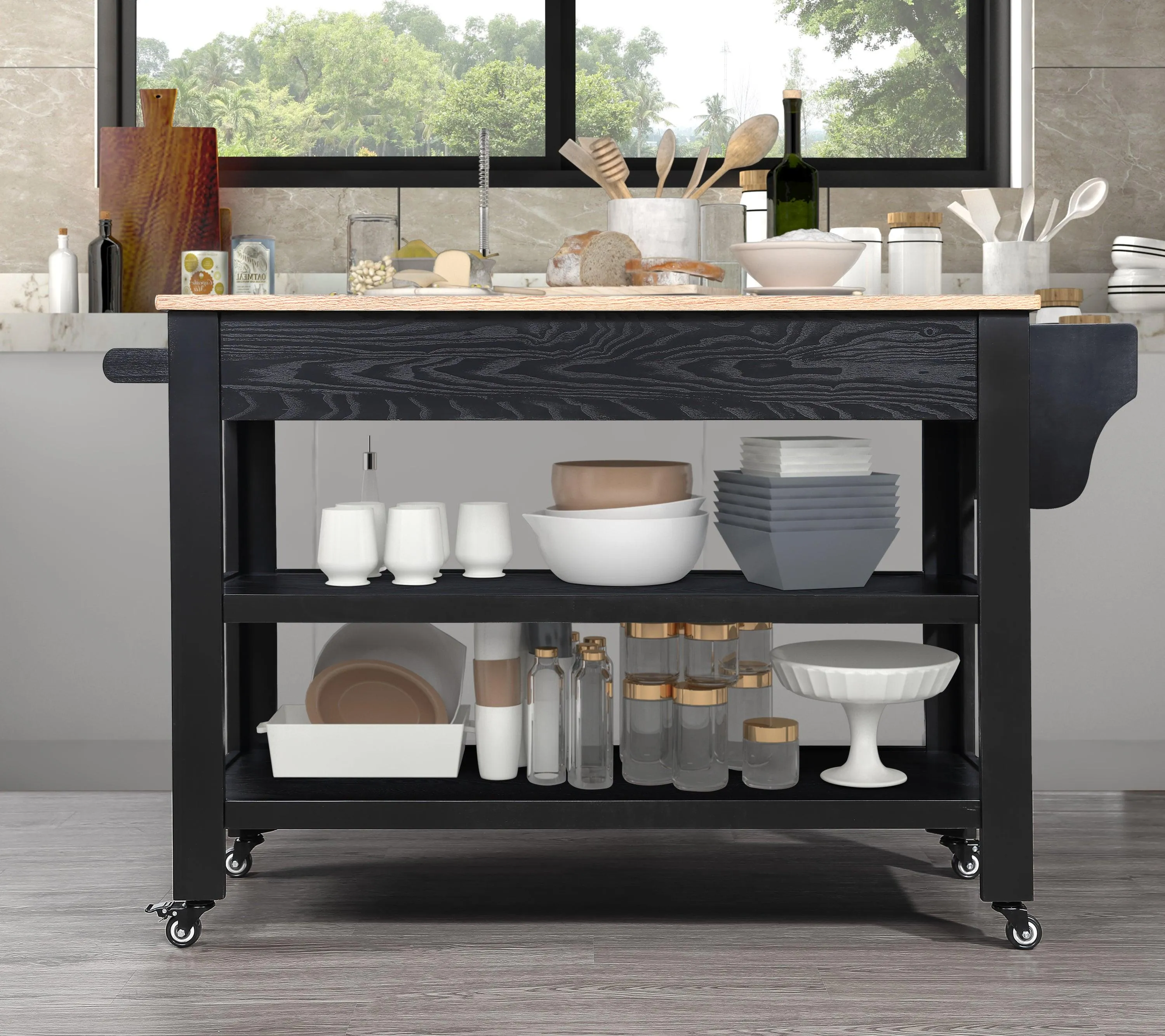 57" Rolling Kitchen Island with Oak Top, 2 Drawers, Wine & Spice Rack, Two-Sided, Black   Natural