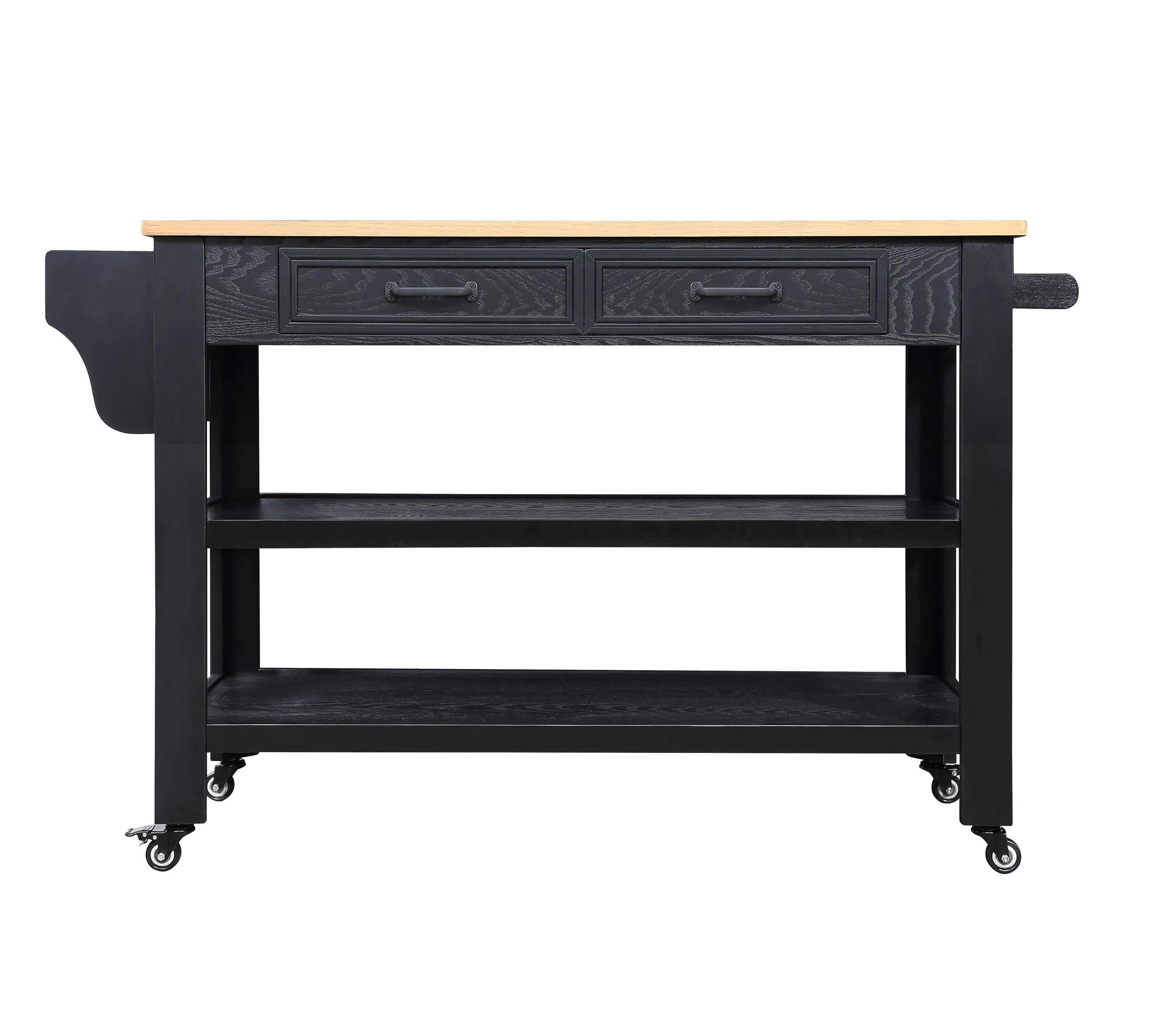 57" Rolling Kitchen Island with Oak Top, 2 Drawers, Wine & Spice Rack, Two-Sided, Black   Natural