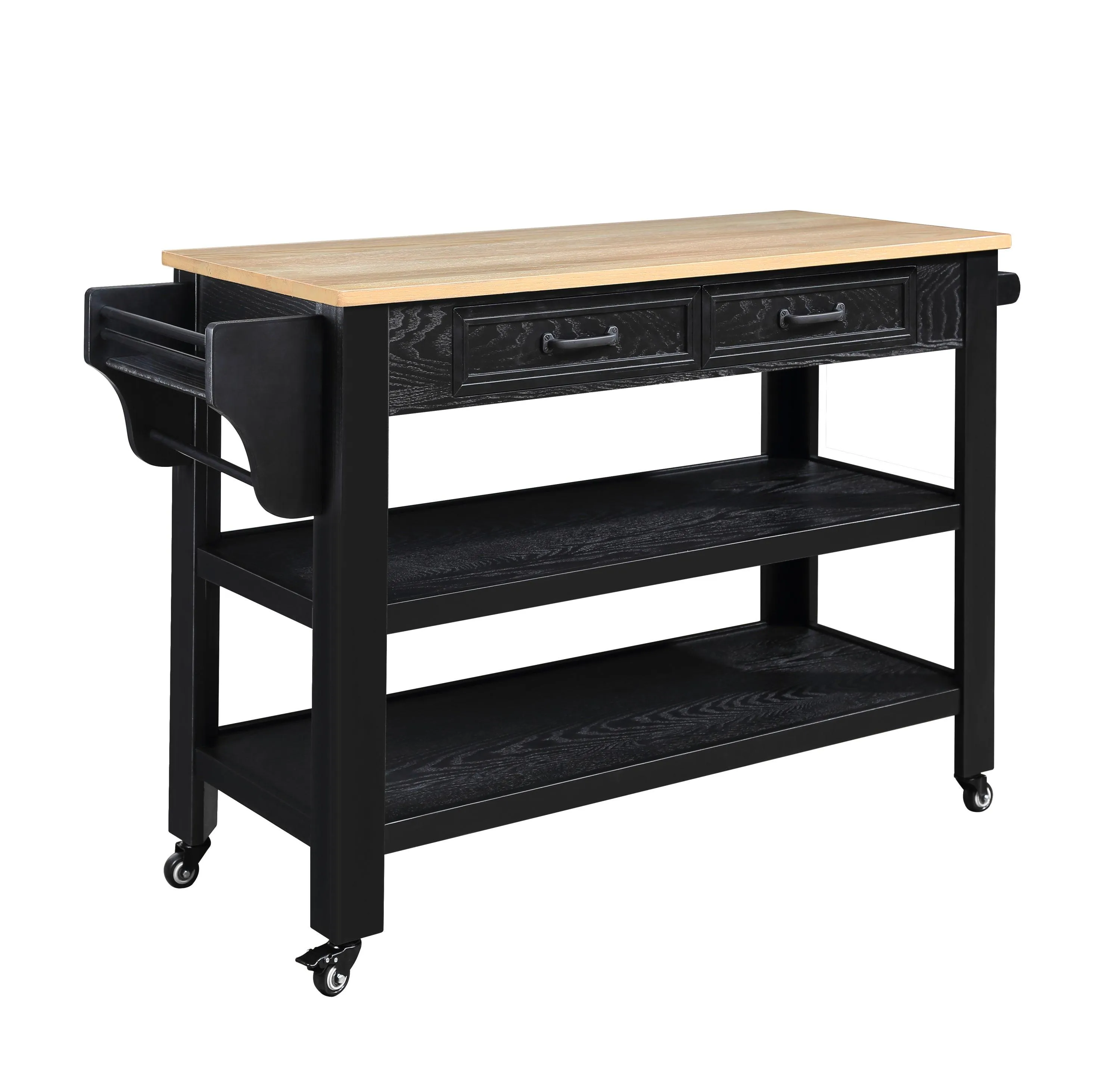 57" Rolling Kitchen Island with Oak Top, 2 Drawers, Wine & Spice Rack, Two-Sided, Black   Natural