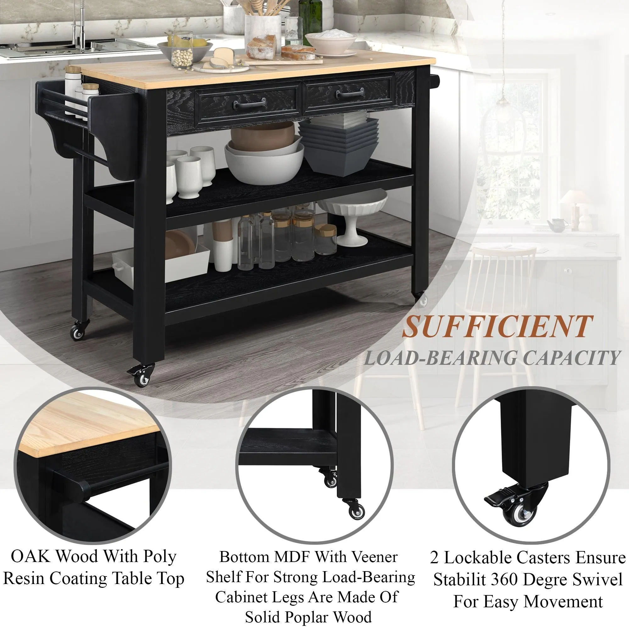 57" Rolling Kitchen Island with Oak Top, 2 Drawers, Wine & Spice Rack, Two-Sided, Black   Natural