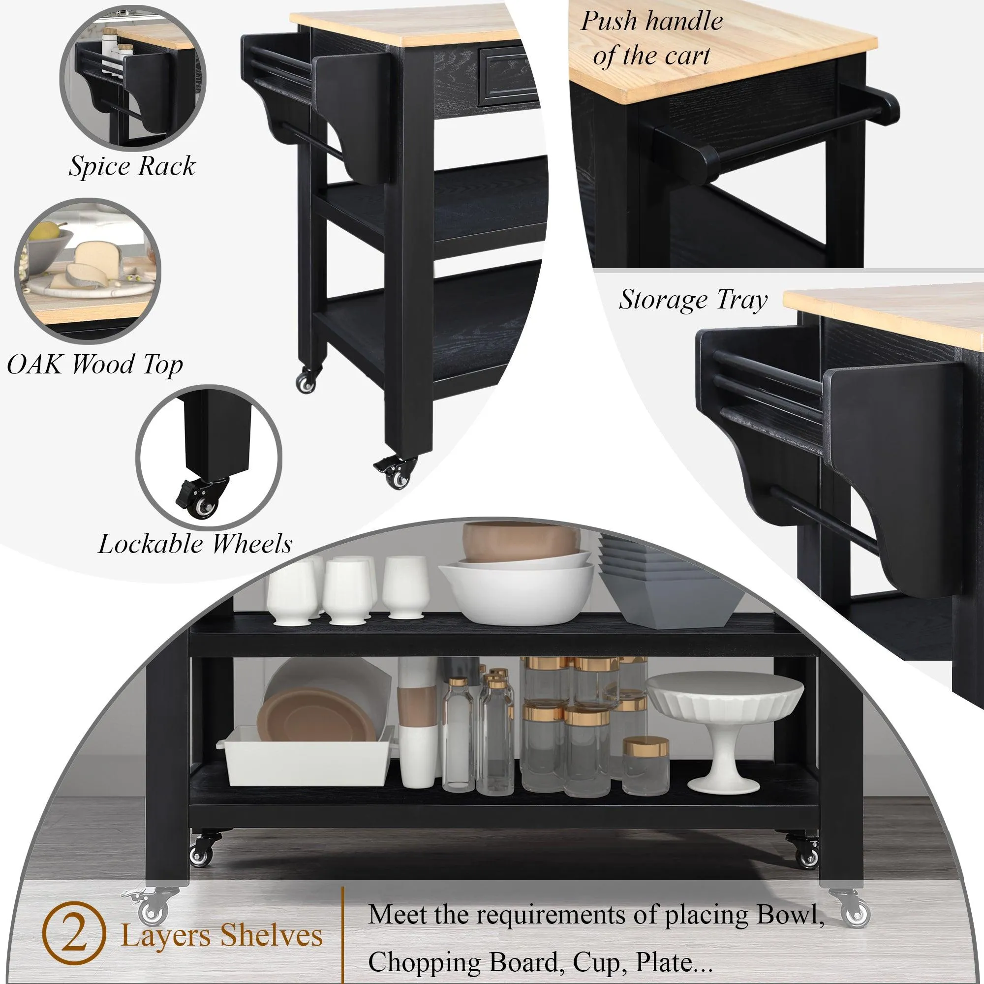 57" Rolling Kitchen Island with Oak Top, 2 Drawers, Wine & Spice Rack, Two-Sided, Black   Natural