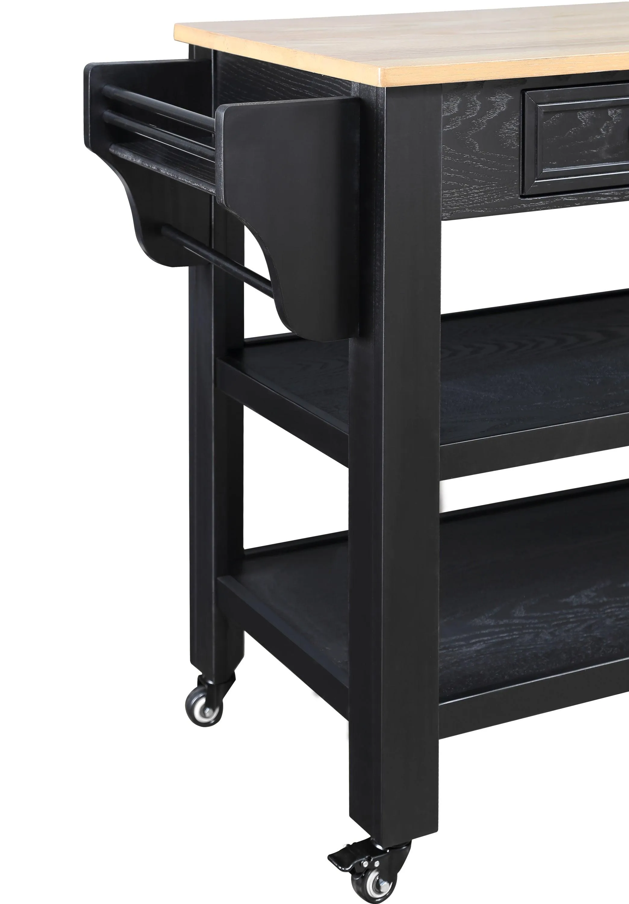 57" Rolling Kitchen Island with Oak Top, 2 Drawers, Wine & Spice Rack, Two-Sided, Black   Natural