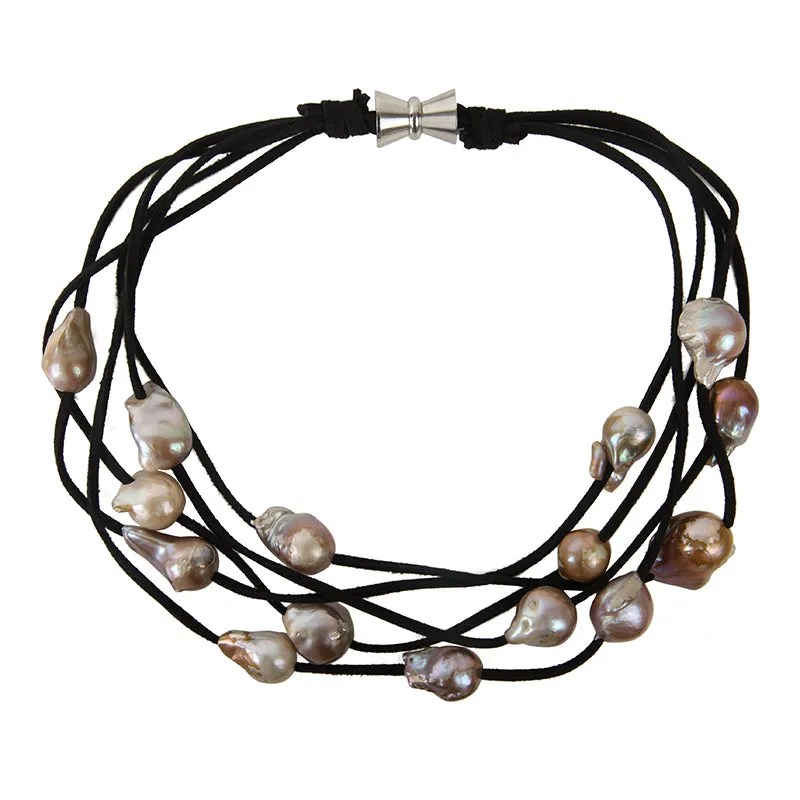 610-09-10 | 5-STRAND PEARLS ON SUEDE (MULTI ON BLACK)