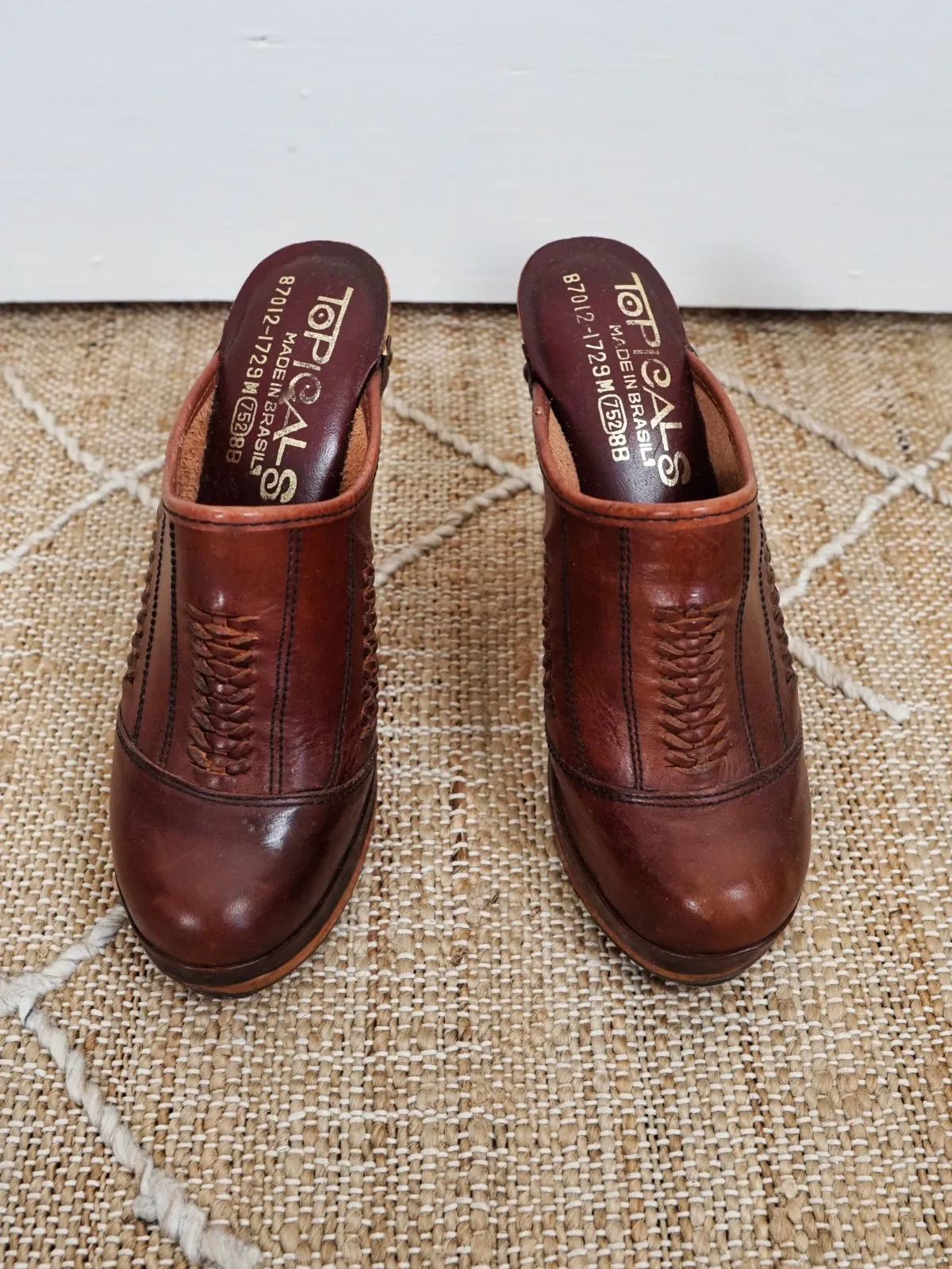 70's Cognac Braided Leather Platform Clogs | 7.5