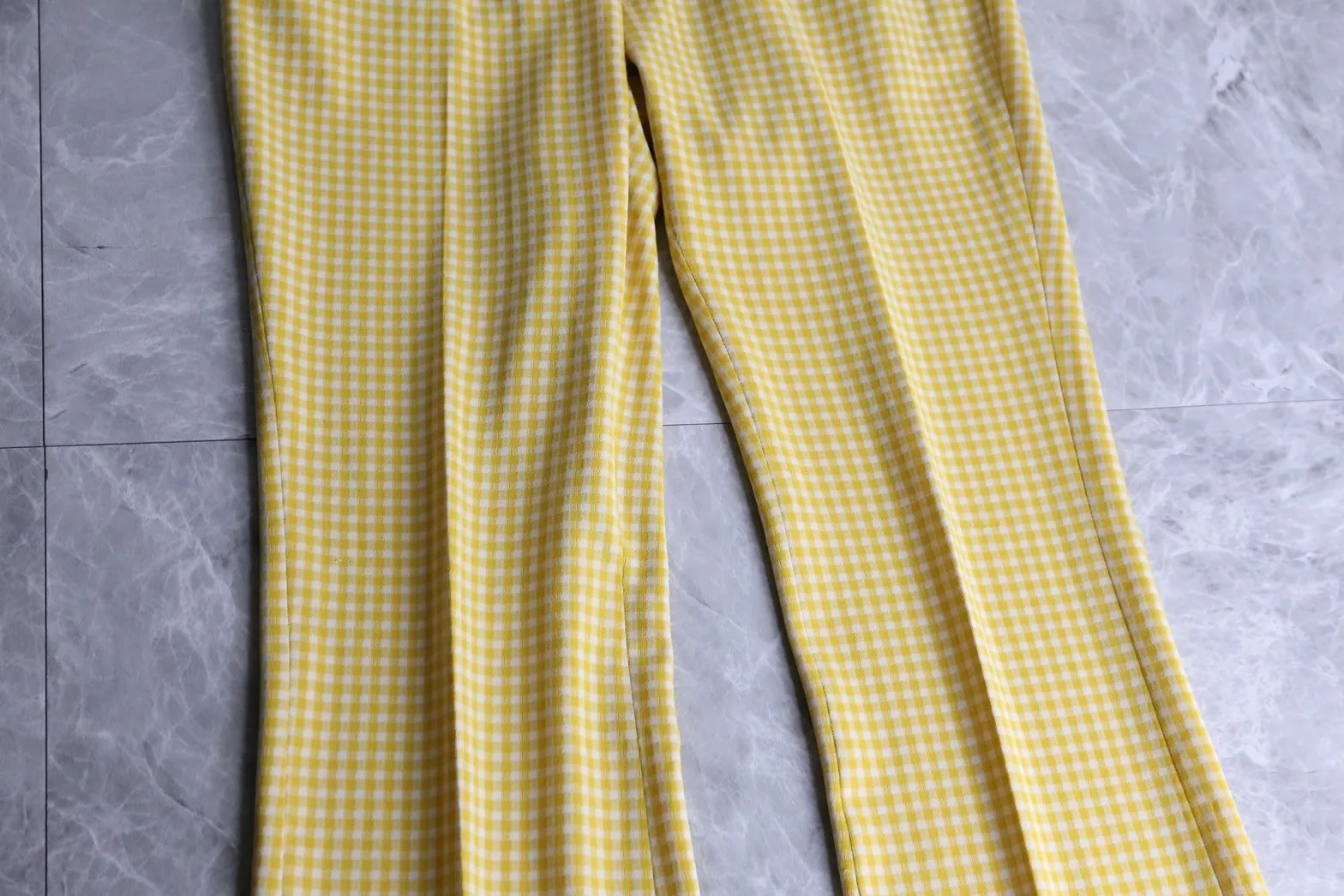 70’s“HAGGAR”yellow check apron flare pants