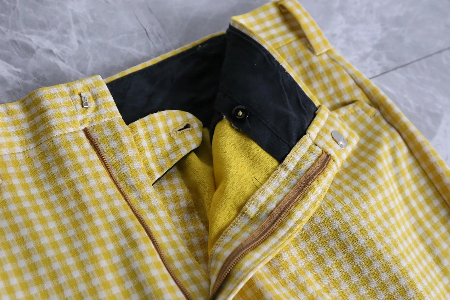 70’s“HAGGAR”yellow check apron flare pants