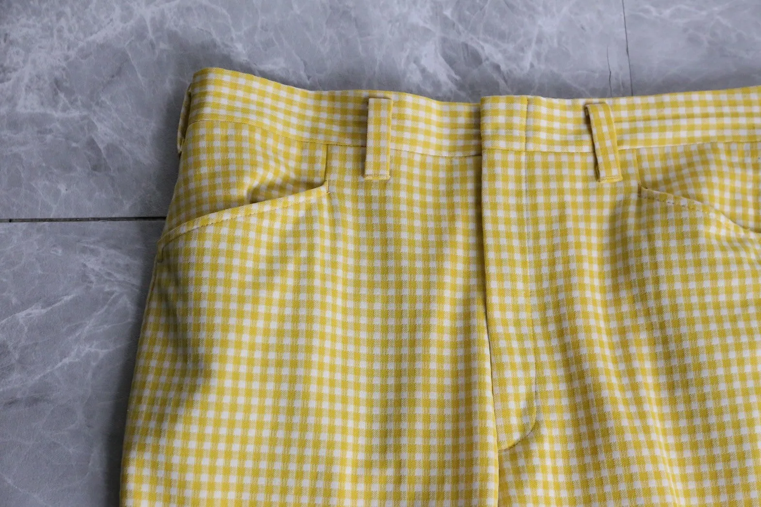 70’s“HAGGAR”yellow check apron flare pants