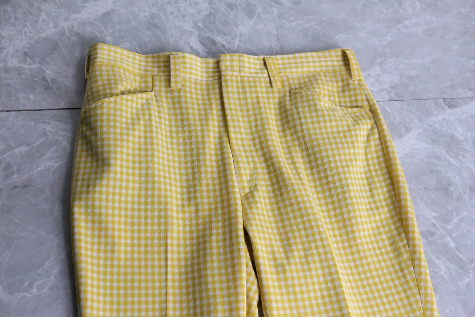 70’s“HAGGAR”yellow check apron flare pants