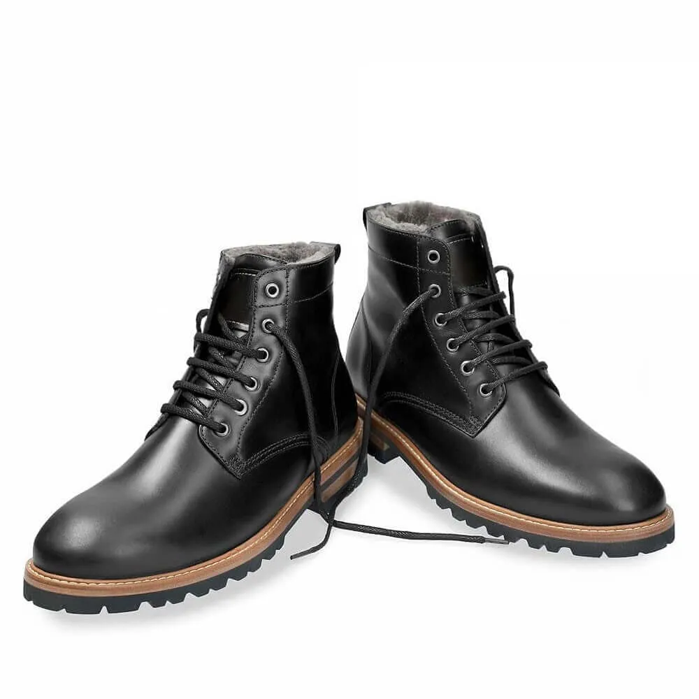 7CM / 2.76 Inches - CMR CHAMARIPA Men Taller Shoes - Men's Fur Lined Boots - Black Winter Warm Leather Lace Up Boots To Look Taller