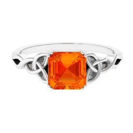 8 MM Asscher Cut Lab Grown Orange Sapphire Solitaire Celtic Engagement Ring