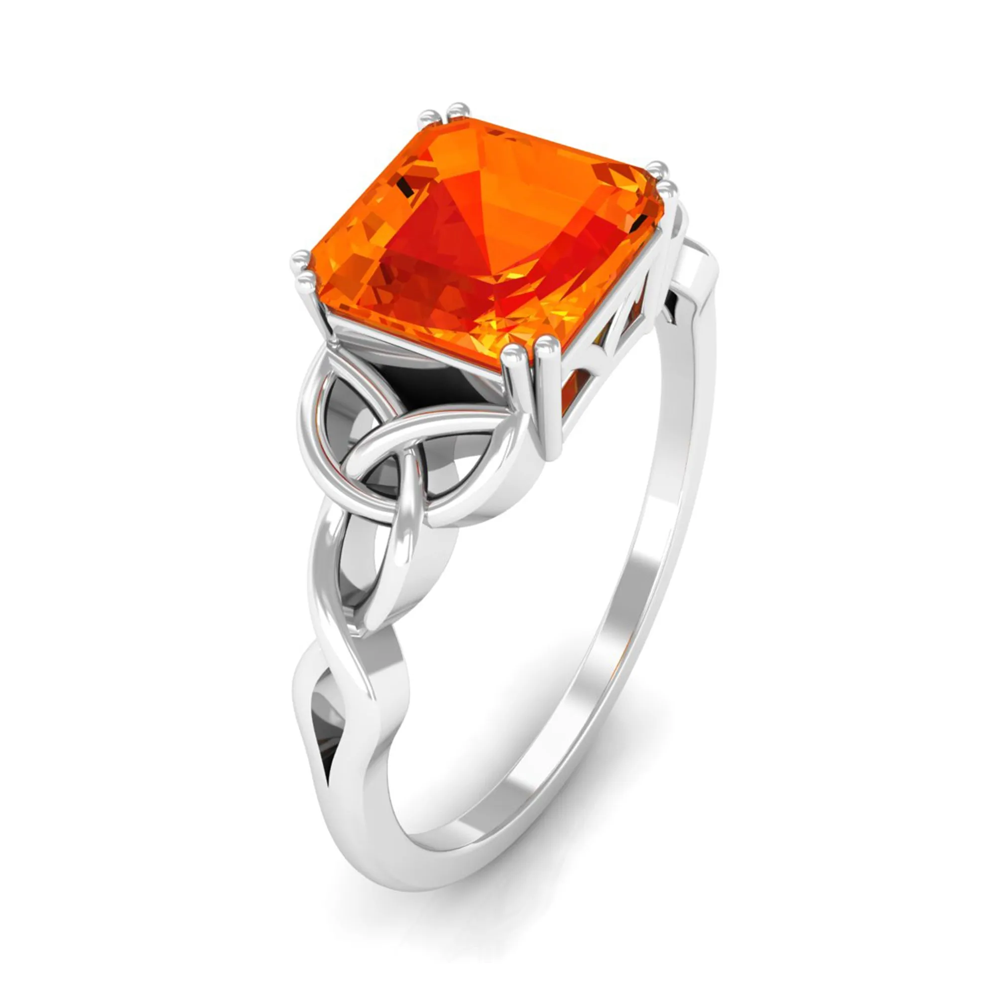 8 MM Asscher Cut Lab Grown Orange Sapphire Solitaire Celtic Engagement Ring