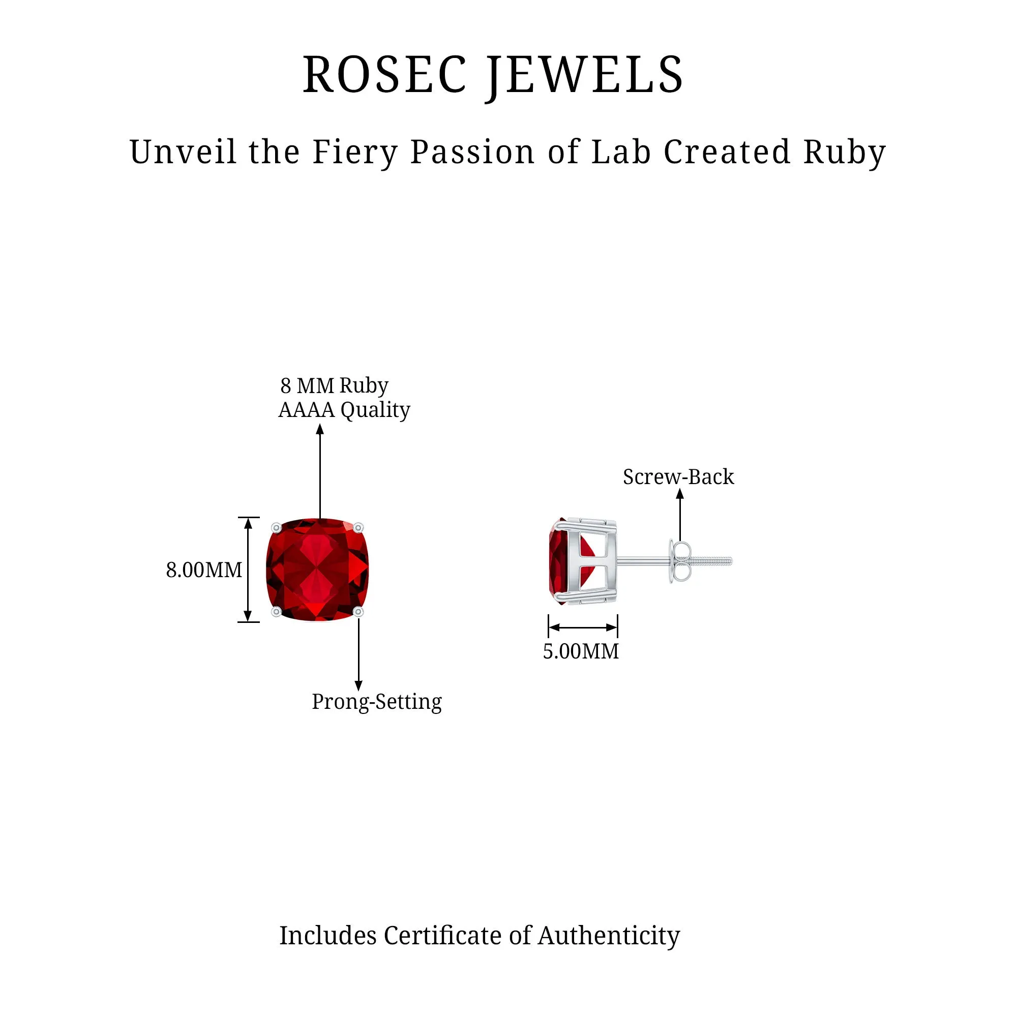 8 MM Cushion Cut Created Ruby Solitaire Stud Earrings