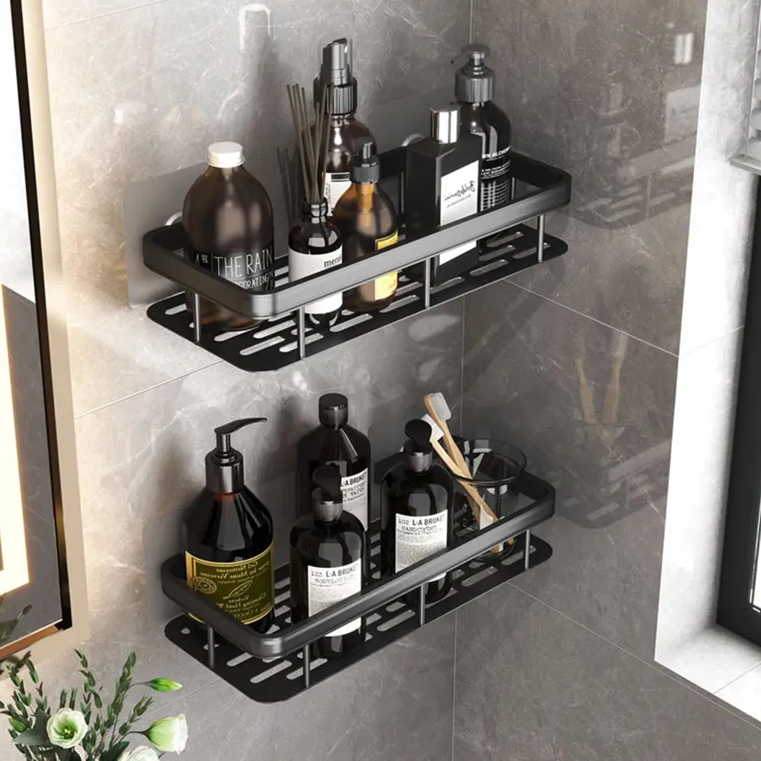 8083 Storage Rack Bathroom High Quality Metal Alloy Black Wall Mounted Shower Rack, Shelf For Bathroom Storage