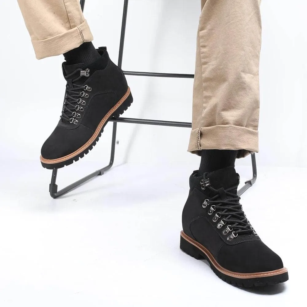 8CM / 3.15 Inches - CMR CHAMARIPA Tall Men Boots Elevator Boots Black Nubuck Leather Water Resistant Boots