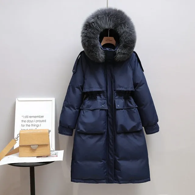 90% Real Down Long Parka Winter Women Long Jacket Large Natural Fur Hooded Parka