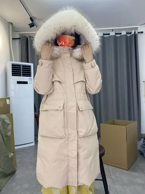 90% Real Down Long Parka Winter Women Long Jacket Large Natural Fur Hooded Parka